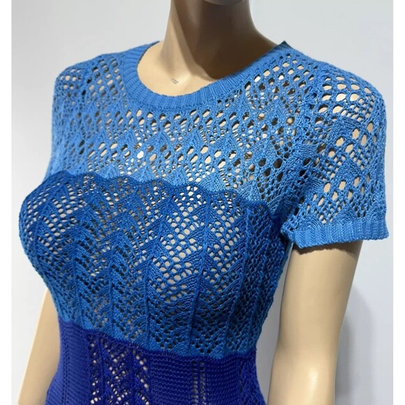 Knit Mix Crochet Open Knit See Thru Maxi Dress Size L Blue Stripe Beach Festival - Picture 3 of 14